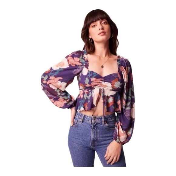 Band of the Free NWT Floriane Purple Floral Print Balloon Sleeve Crop Top Large - Picture 1 of 16